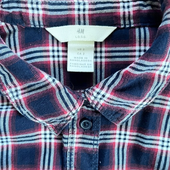 H&M Women’s Western Navy Blue Plaid 100% Cotton Button Down Shirt Size 2 - Picture 5 of 6